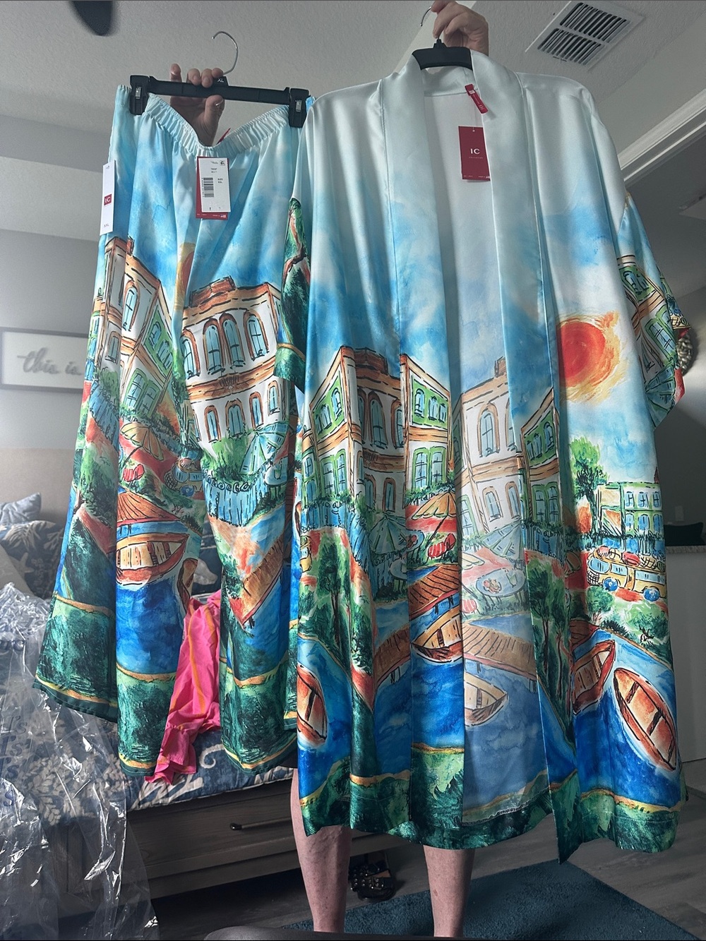 IC COLLECTION Blue Scenic Satin Robe and pant Set